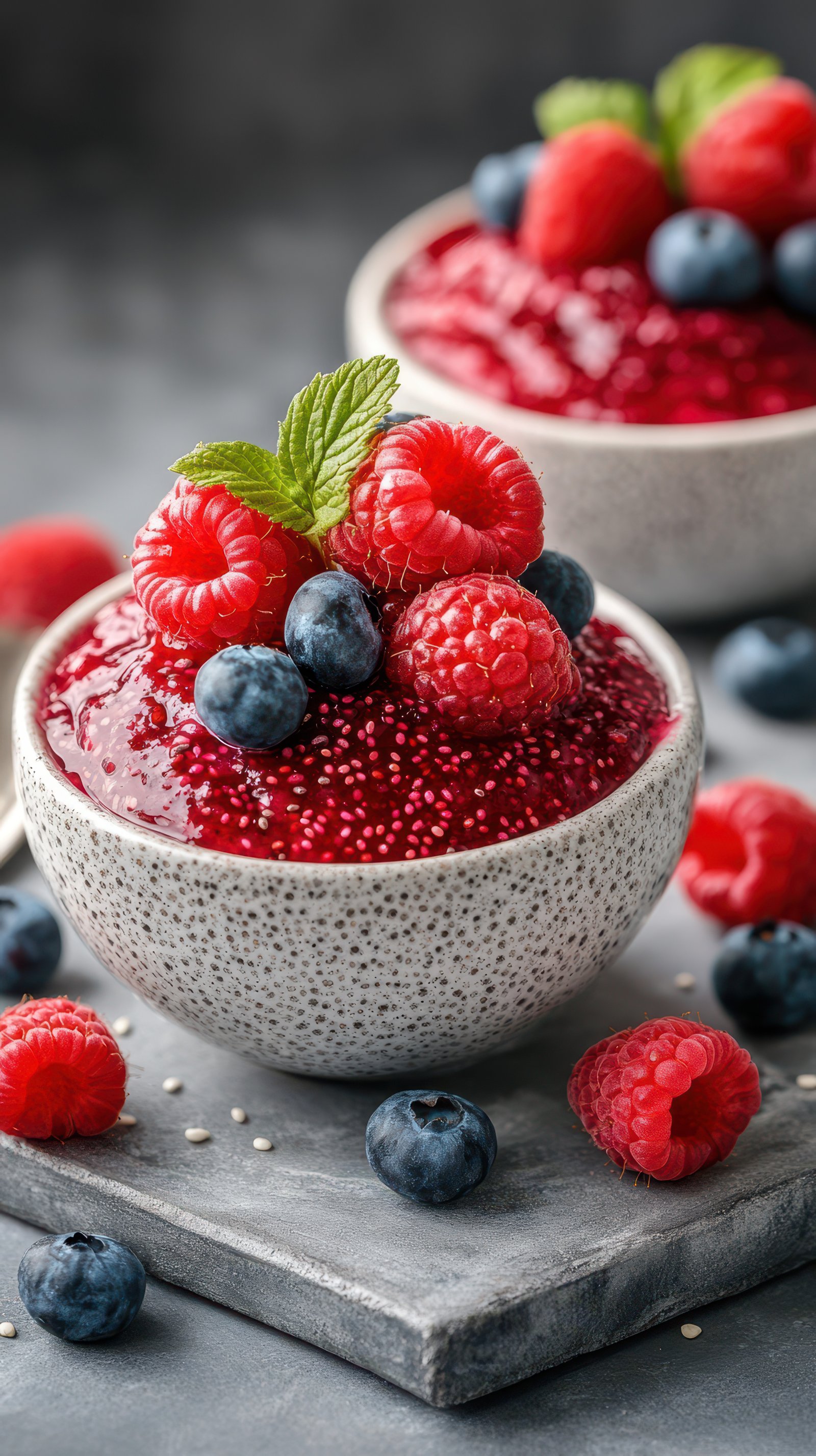 Delicious berry dessert with chia seeds served in elegant bowls on a textured surface